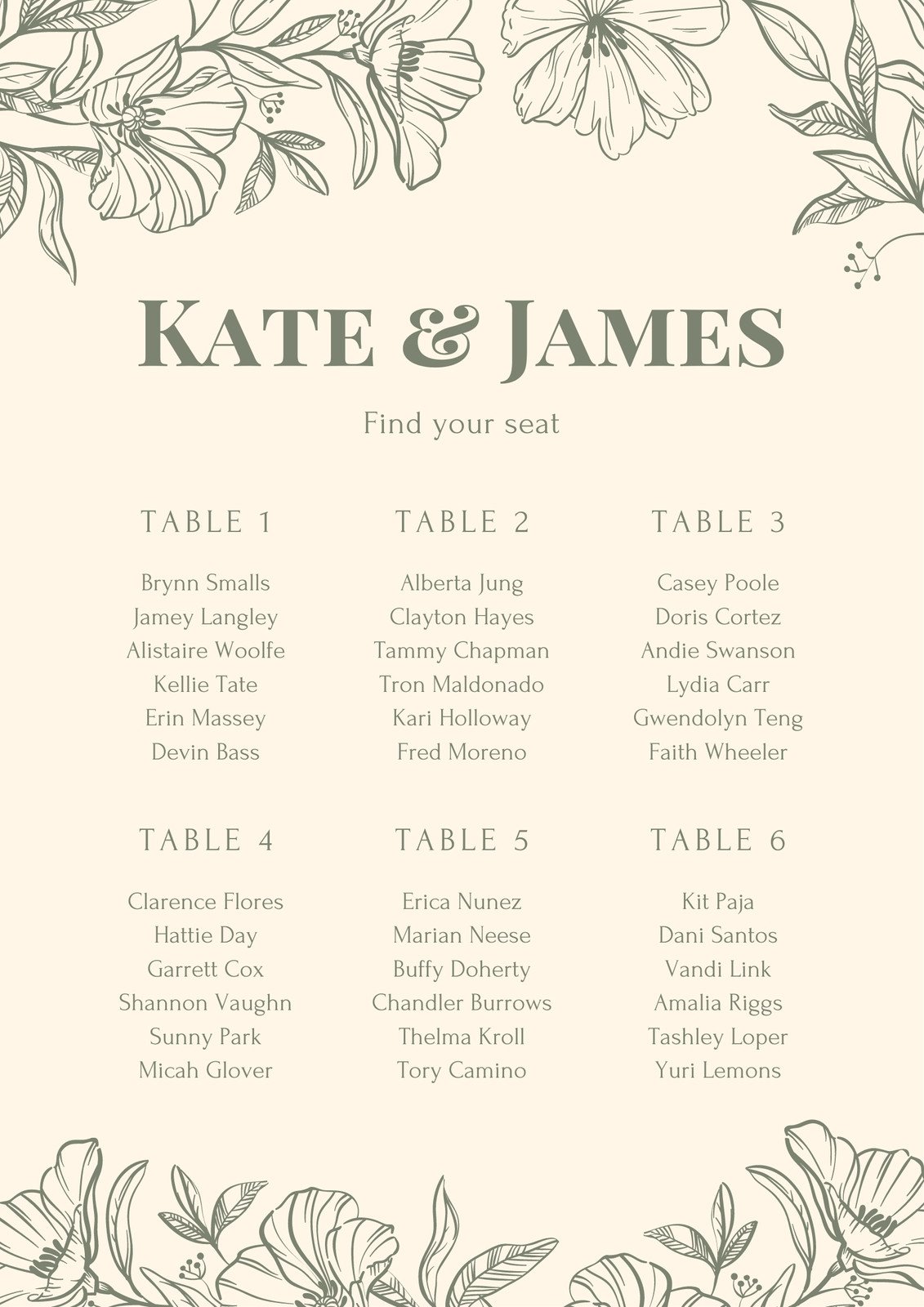 Army Green Floral Vintage Illustration Wedding Seating Chart