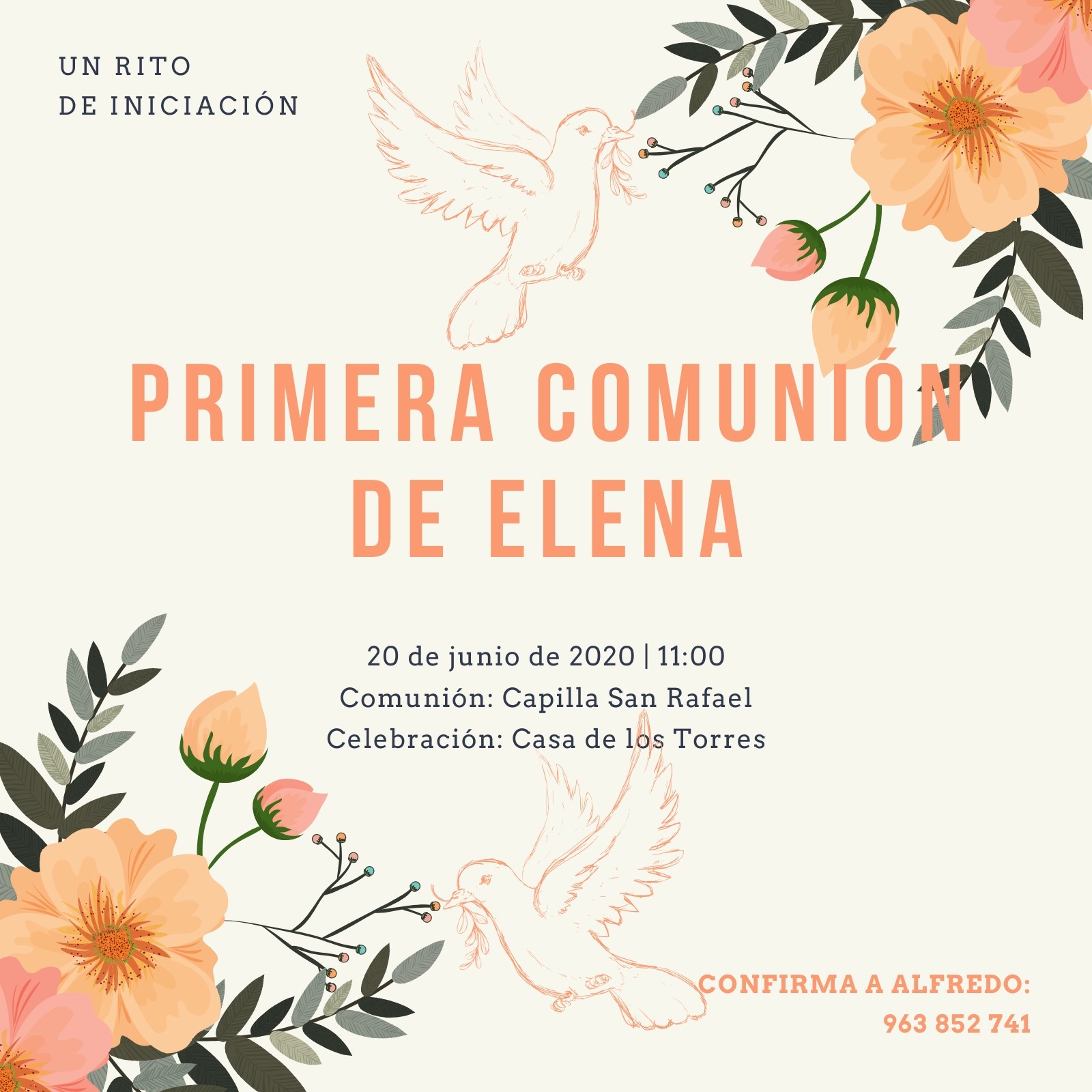Naranja Colorido Paloma Flores Primera Comunión Invitación