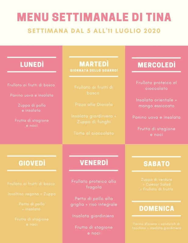 Schema menù settimanale da stampare: idee pranzo e cena