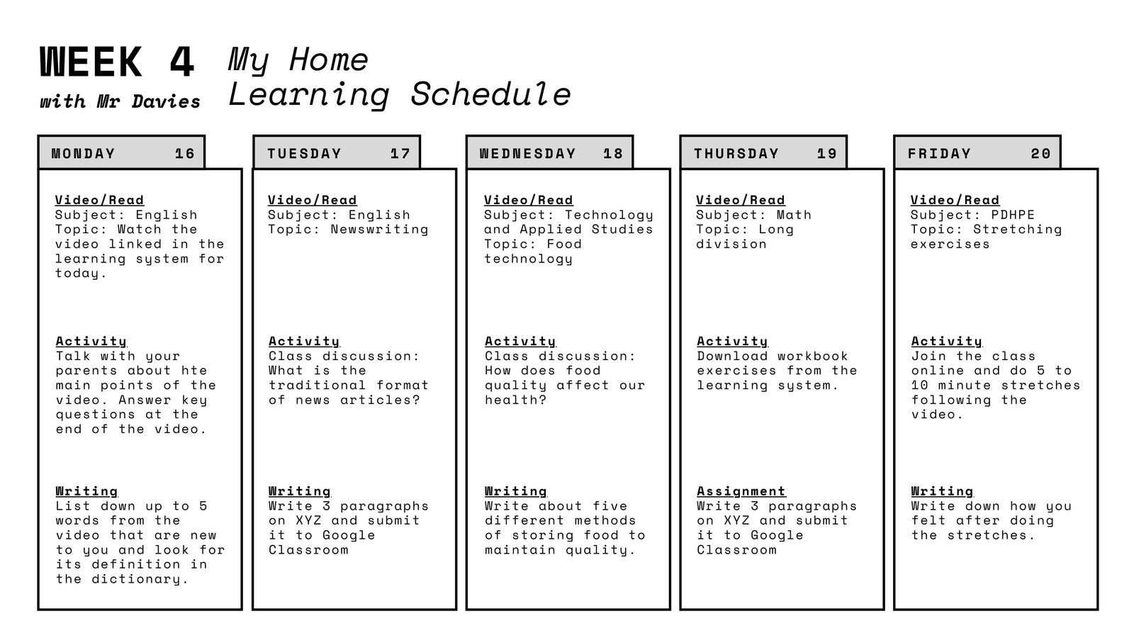 Black and White Printable Weekly Learning Schedule