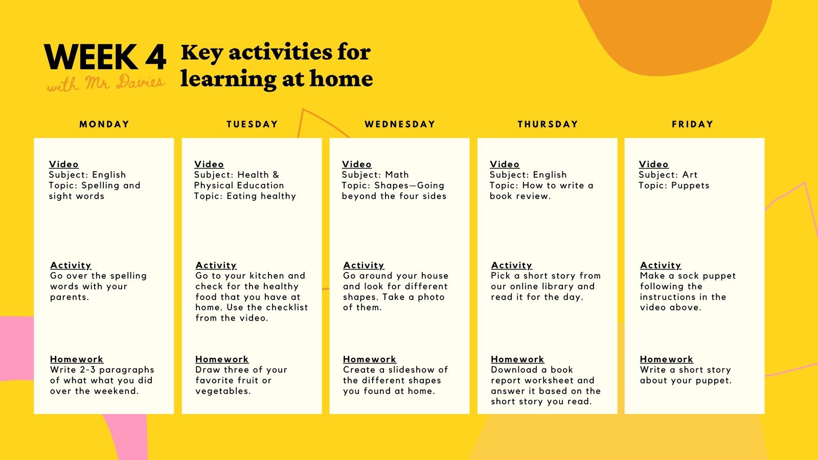 Yellow and Orange Weekly Learning Schedule
