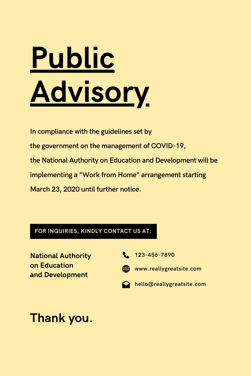 Yellow and Black Public Advisory Coronavirus Poster