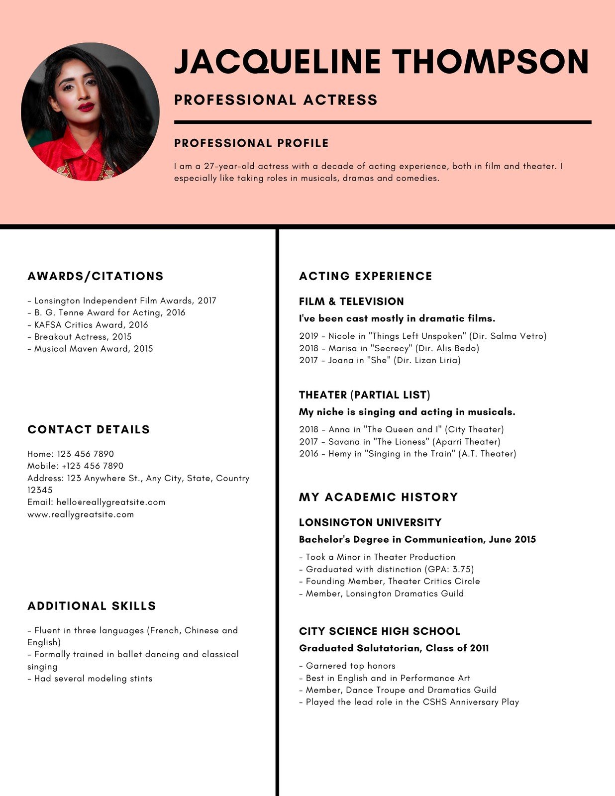 Customize 22+ Acting Resumes Templates Online - Canva Regarding Theatrical Resume Template Word