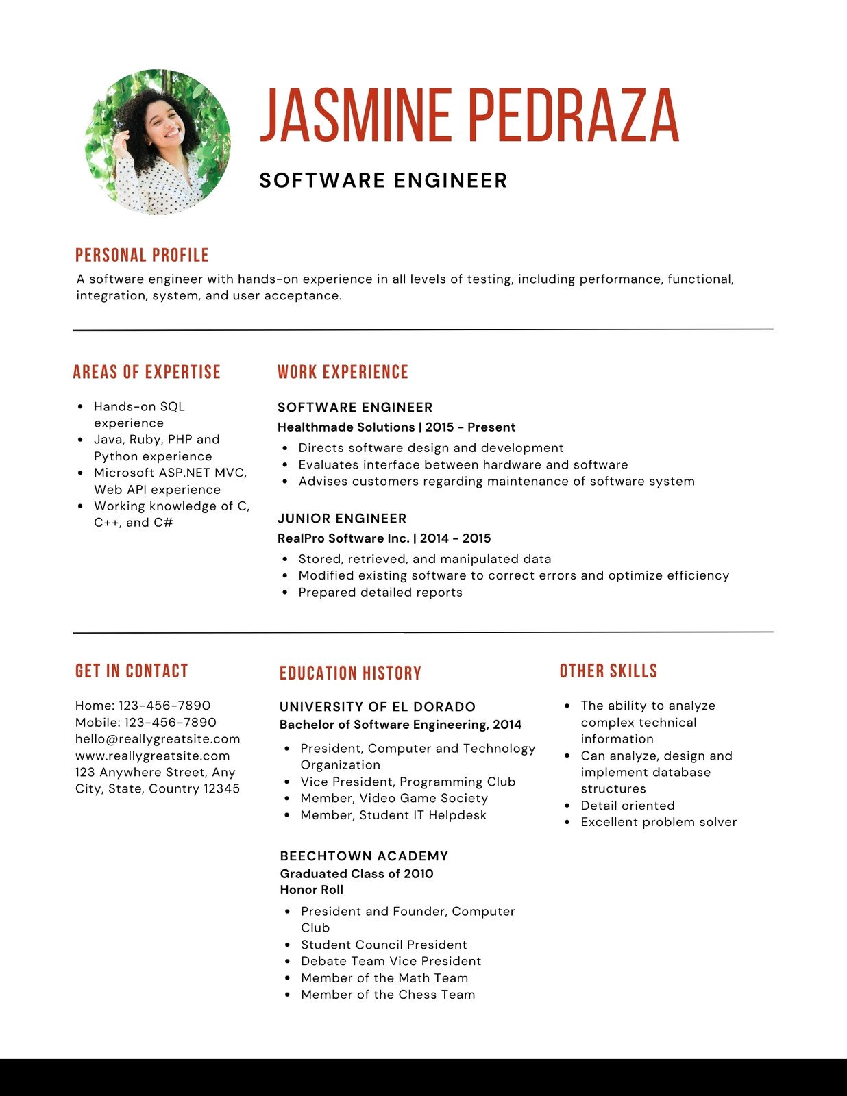 resume template for software developer experienced