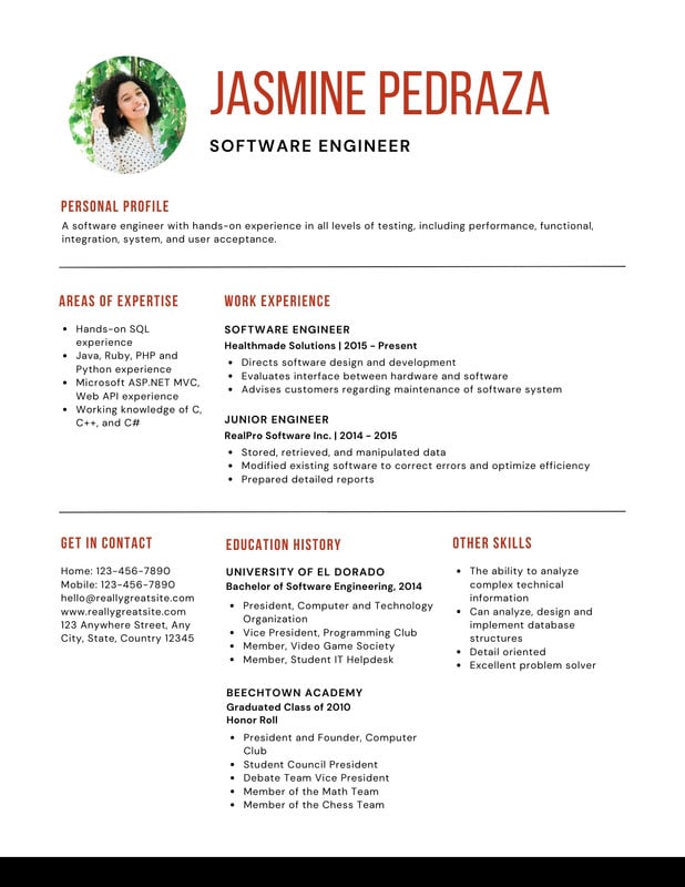 simple resume template for software engineer