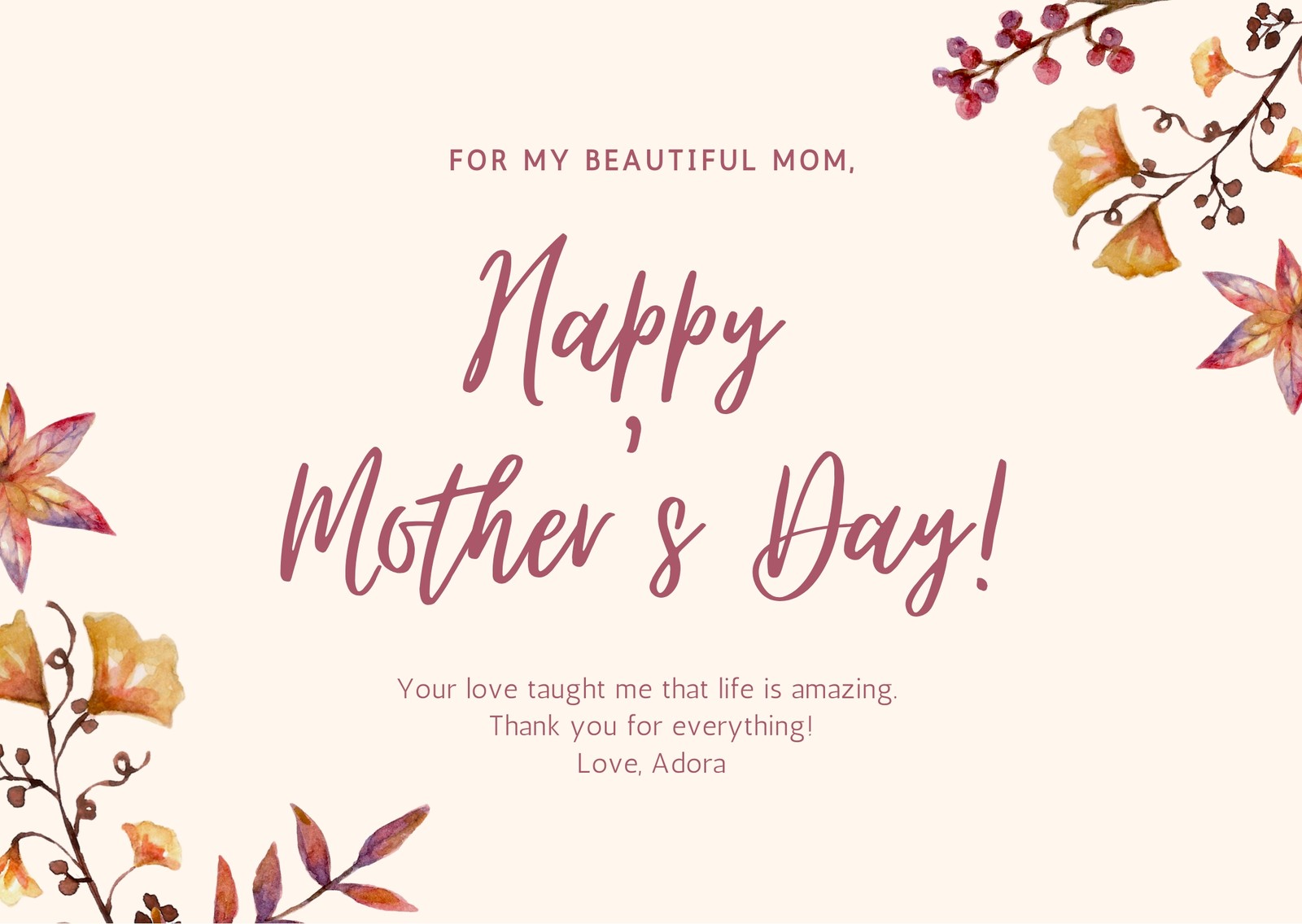 Beige Watercolor Floral Mother's Day Card