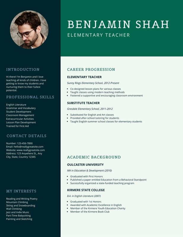 Blue And Green Simple Teacher Resume Templates By Canva