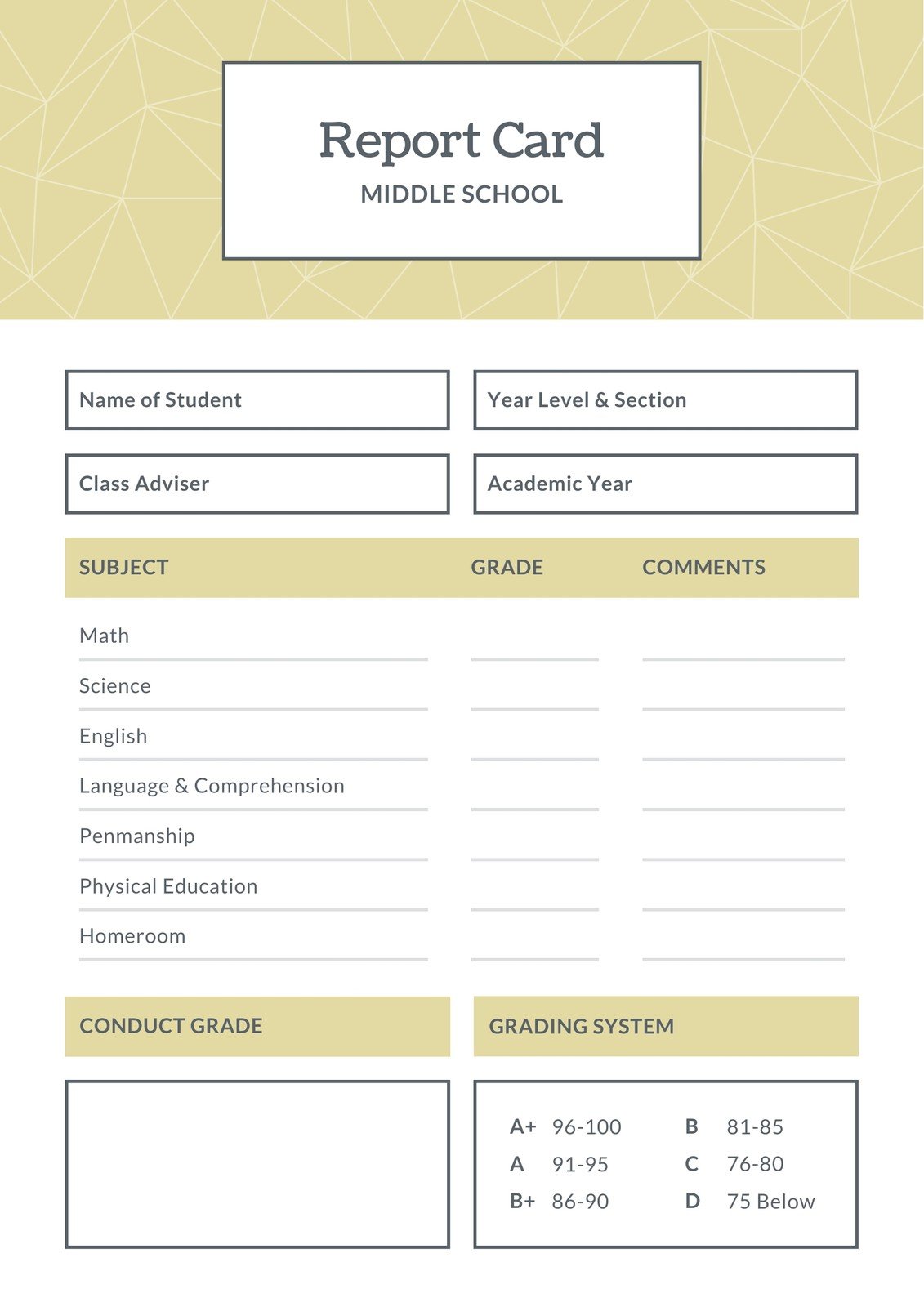 Customize 21+ Middle School Report Cards Templates Online - Canva Throughout Report Card Template Middle School