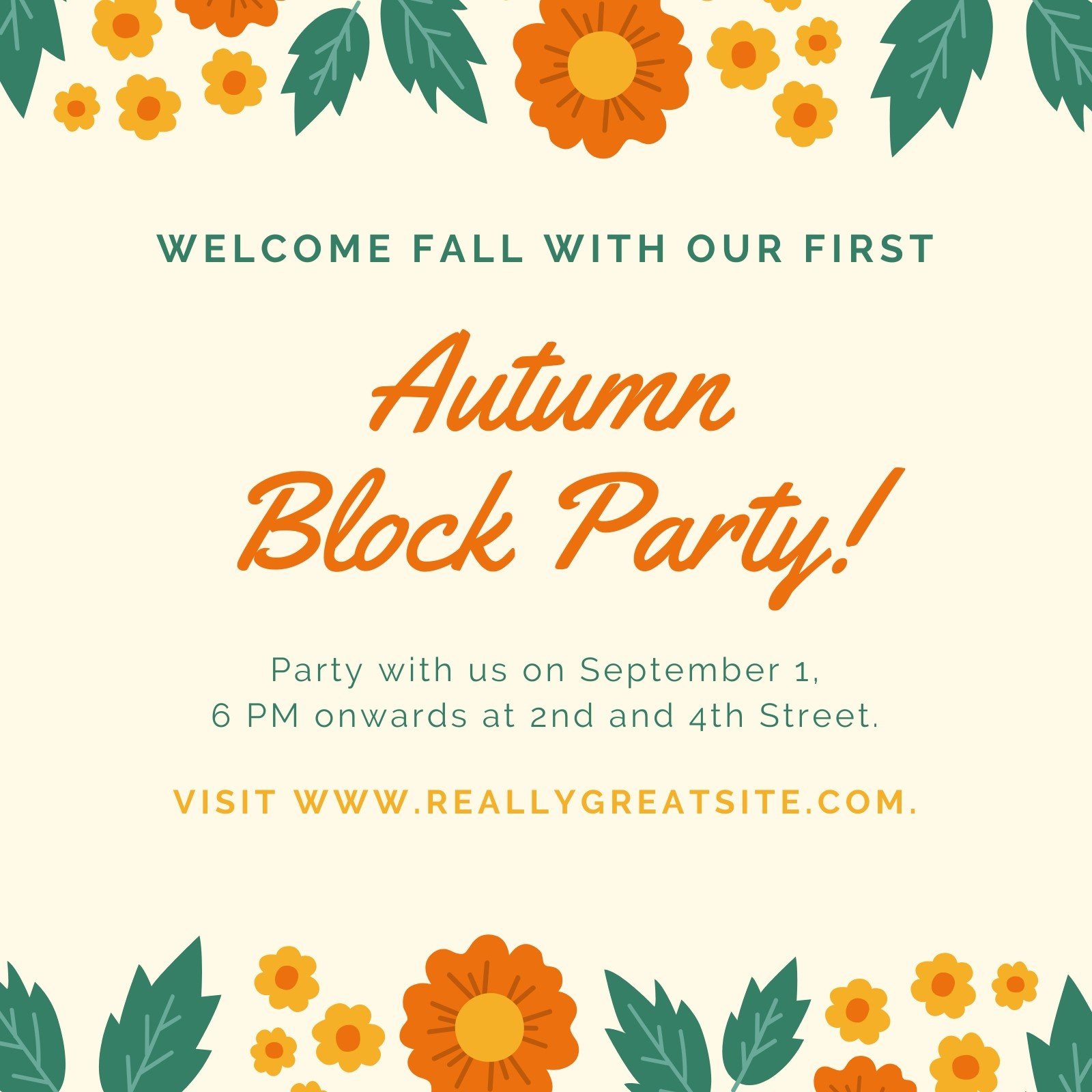 Block Party Poster Layout with Green and Orange Accents Stock