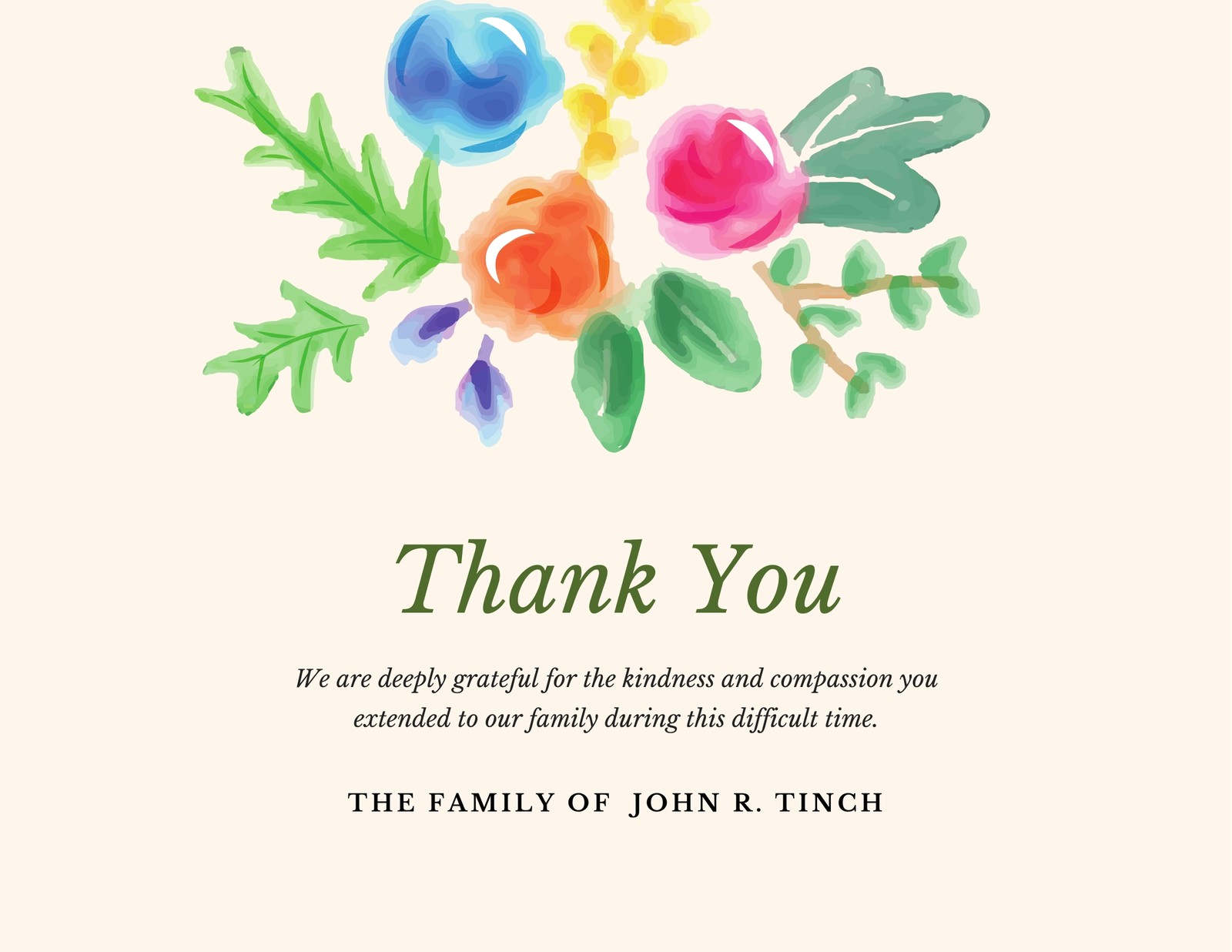 Cream Green Leaves Watercolor Funeral Thank You Card Templates