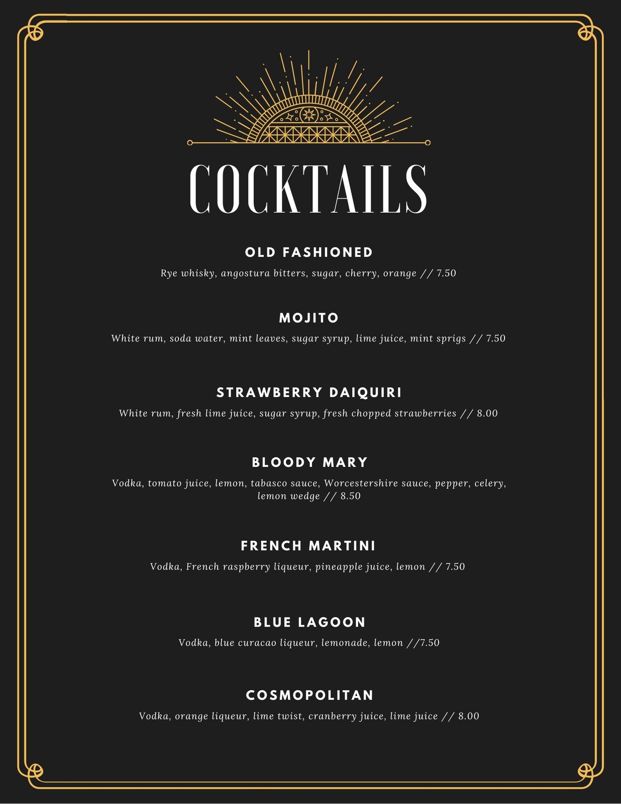 Free printable and customizable cocktail menu templates  Canva Within Cocktail Menu Template Word Free
