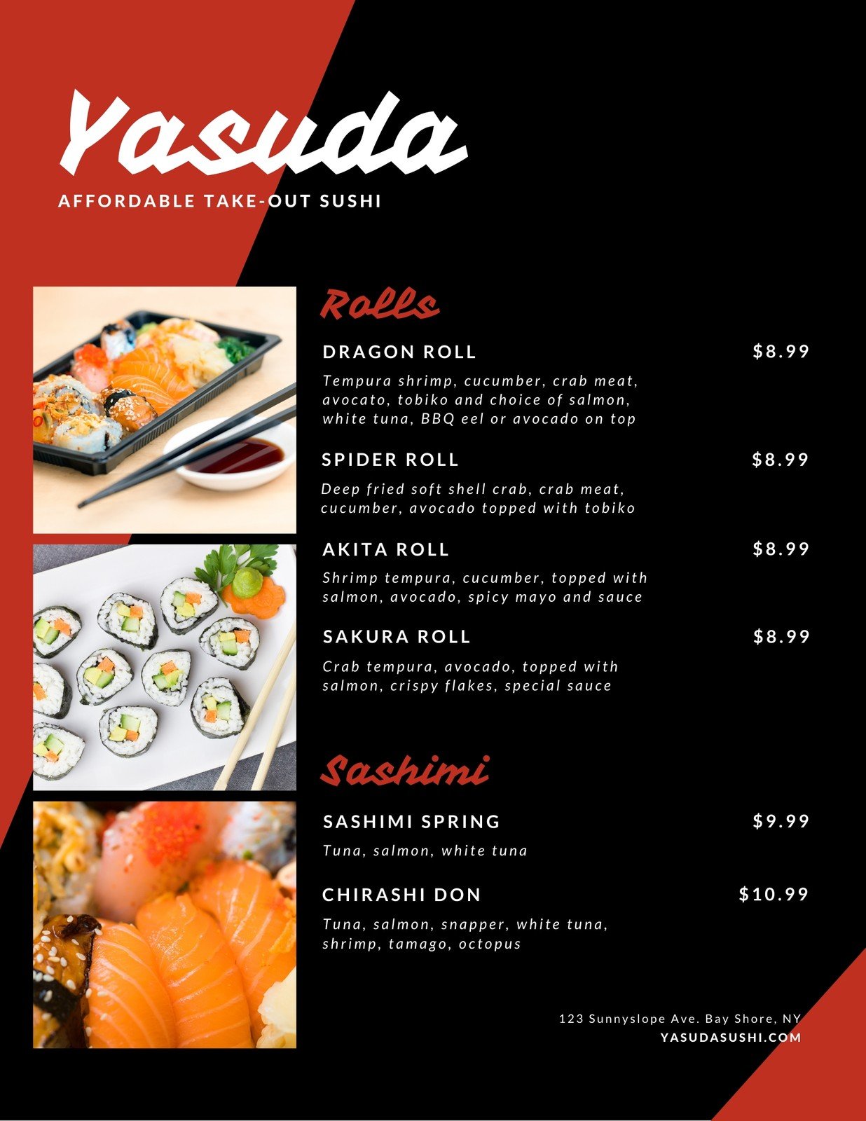 Black Red Japanese Sushi Takeout Menu Templates by Canva