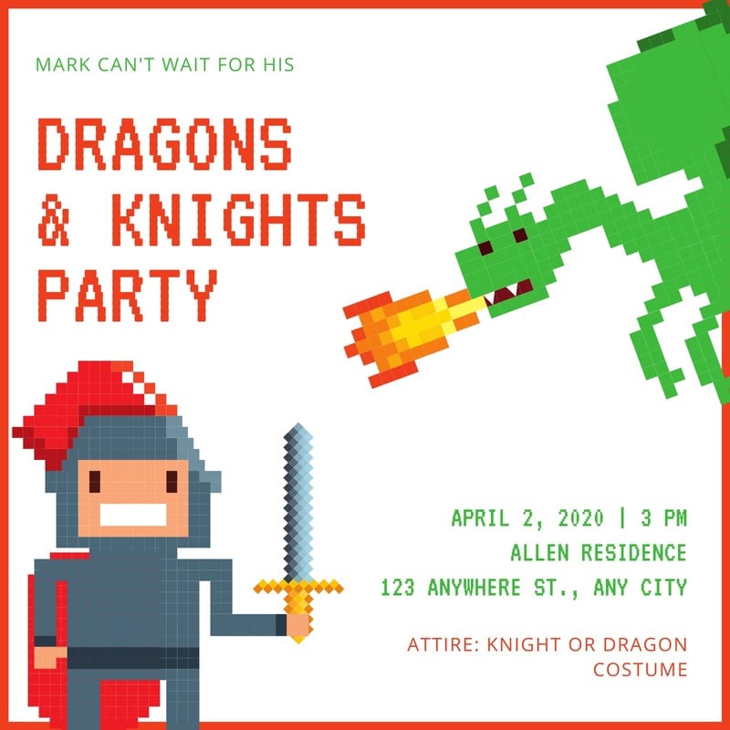 Orange And Green 8 Bit Dragon Knight Medieval Invitation