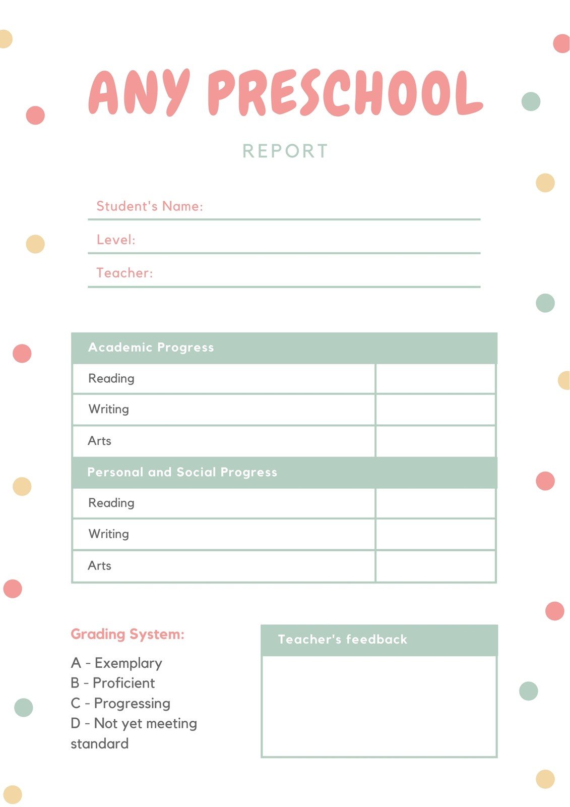 Free custom printable preschool report card templates  Canva Within Report Card Format Template