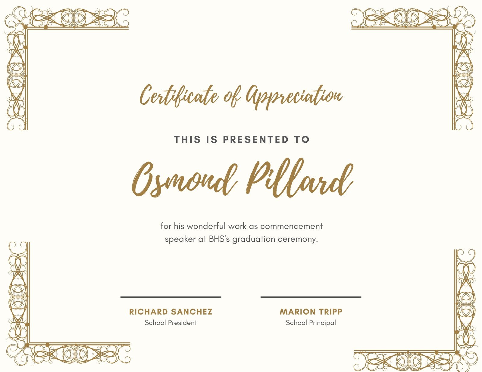 Champagne Gold Decorative Frame Appreciation Certificate For Gratitude Certificate Template