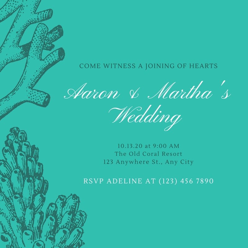 Teal With Black Coral Sketches Beach Wedding Invitation
