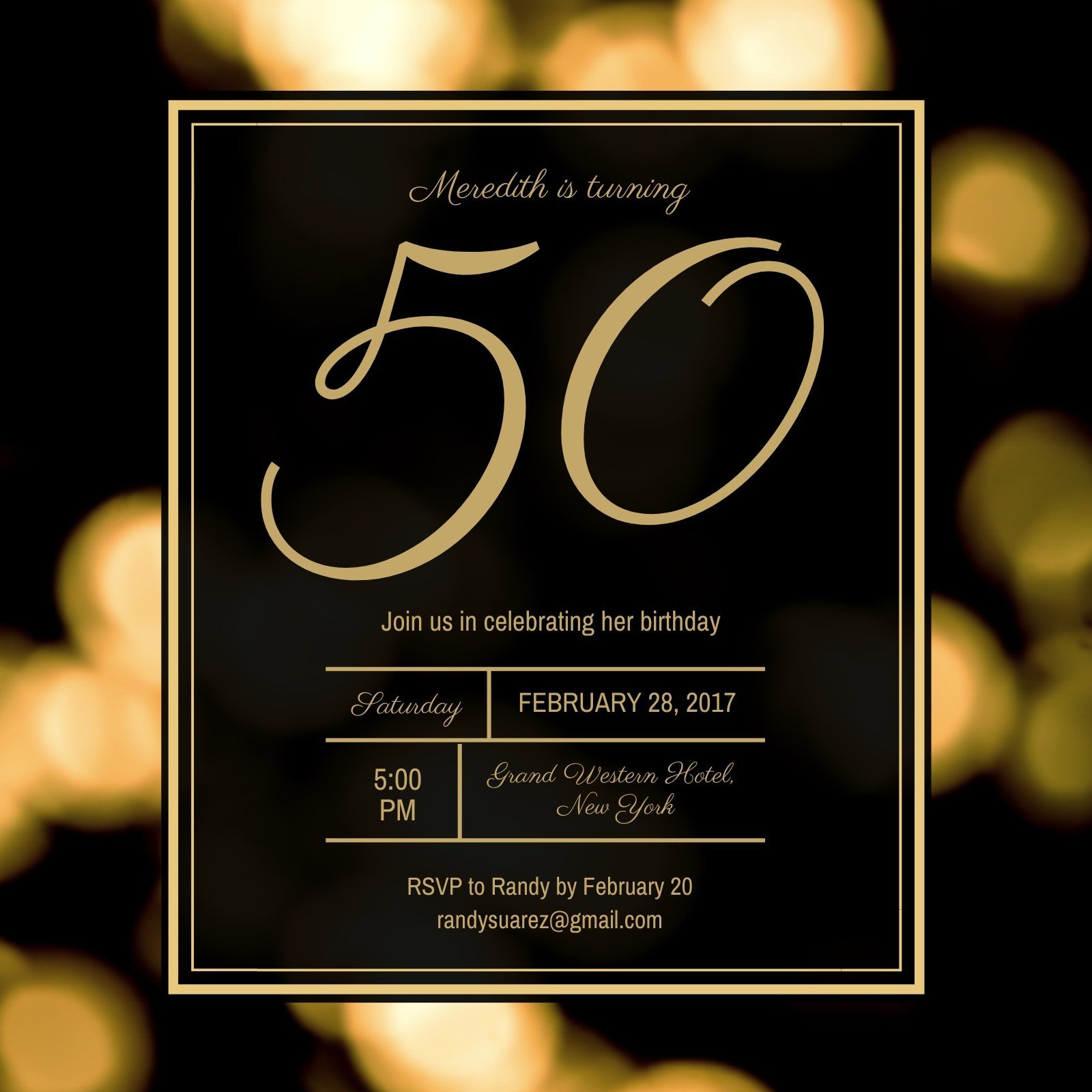Black and Gold Bokeh 50th Birthday Invitation - Templates by Canva