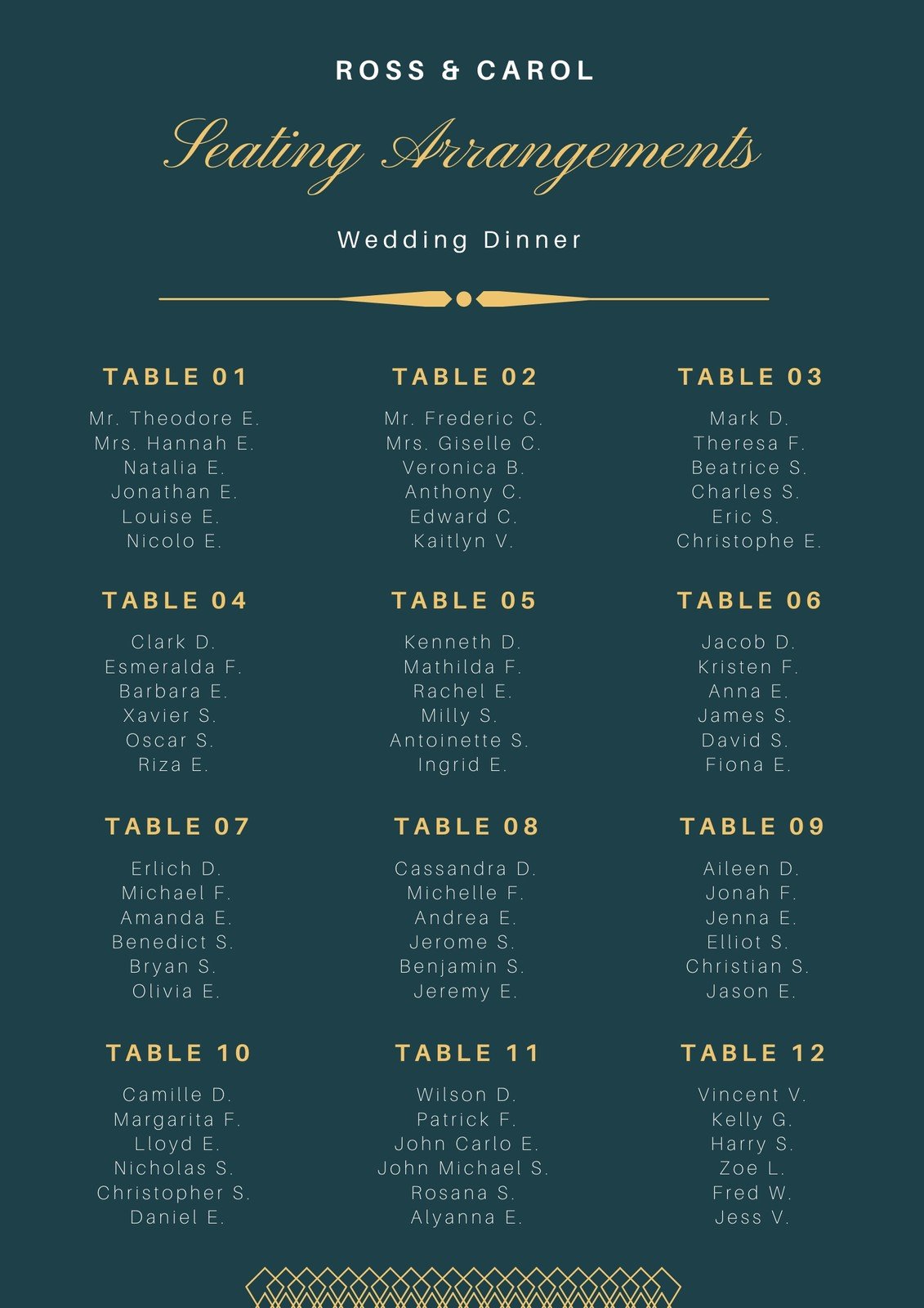 Teal and Gold Elegant Wedding Seating Chart