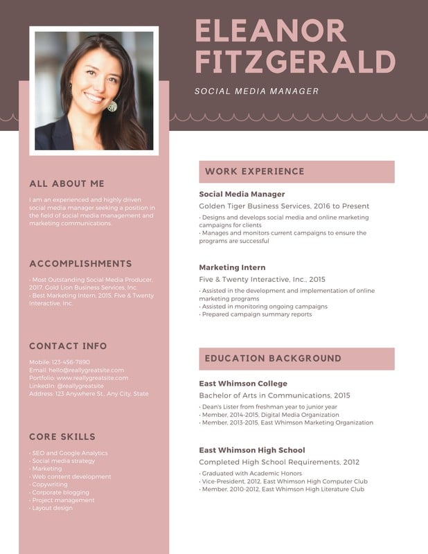 Pink Brown Simple Photo Modern Resume Templates by Canva