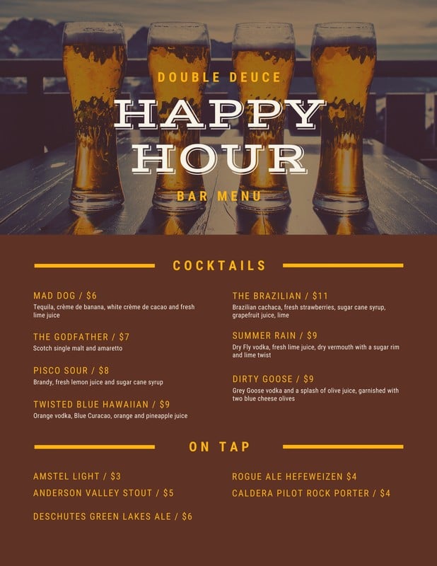 Brown And Yellow Happy  Hour  Drink Menu  Templates  By Canva