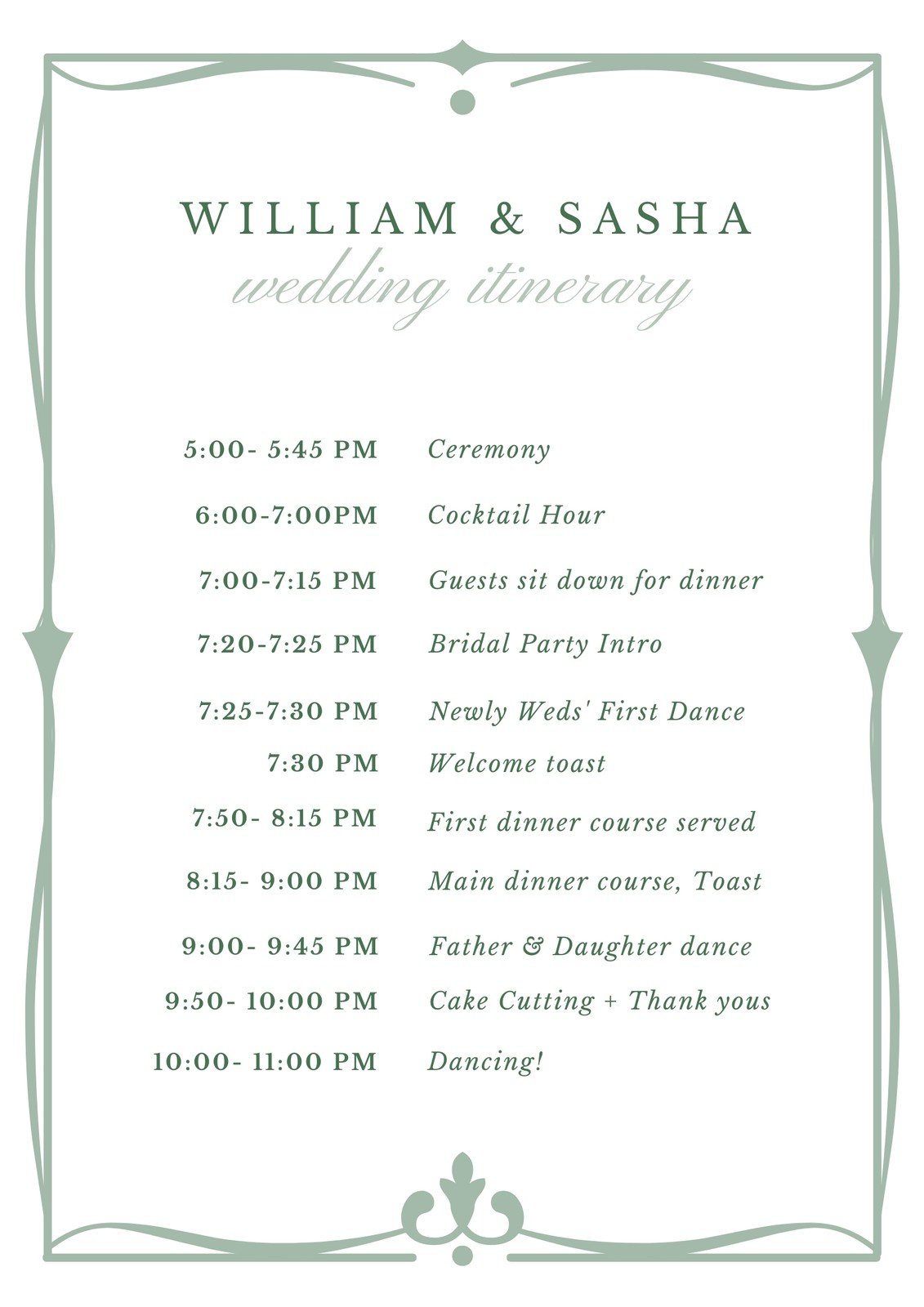 Wedding Itinerary Template Free