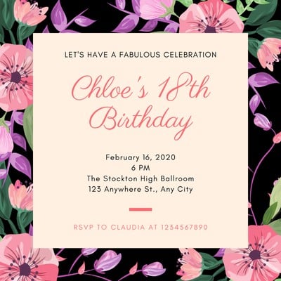 Glam Birthday Girl Watercolor Floral Birthday Invitation 18th Birthday 21st Birthday 30th Birthday Printable Birthday Invitation