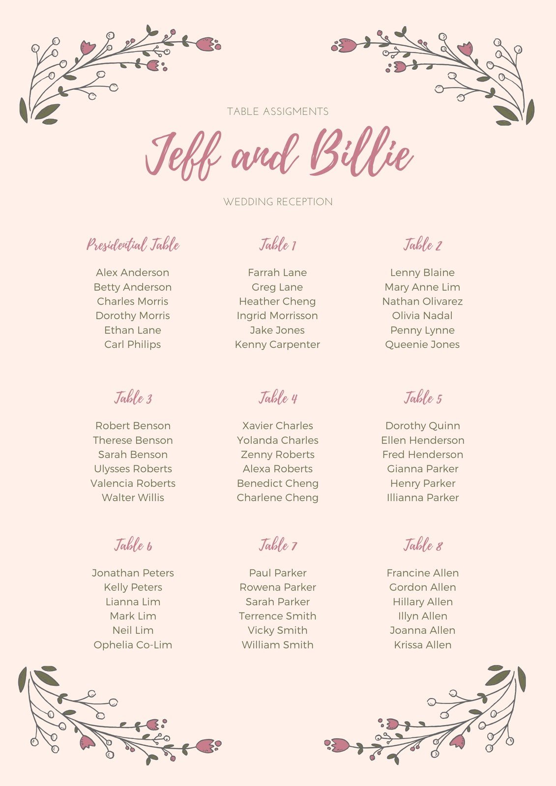 Free custom printable wedding seating chart templates  Canva In Wedding Seating Chart Template Word