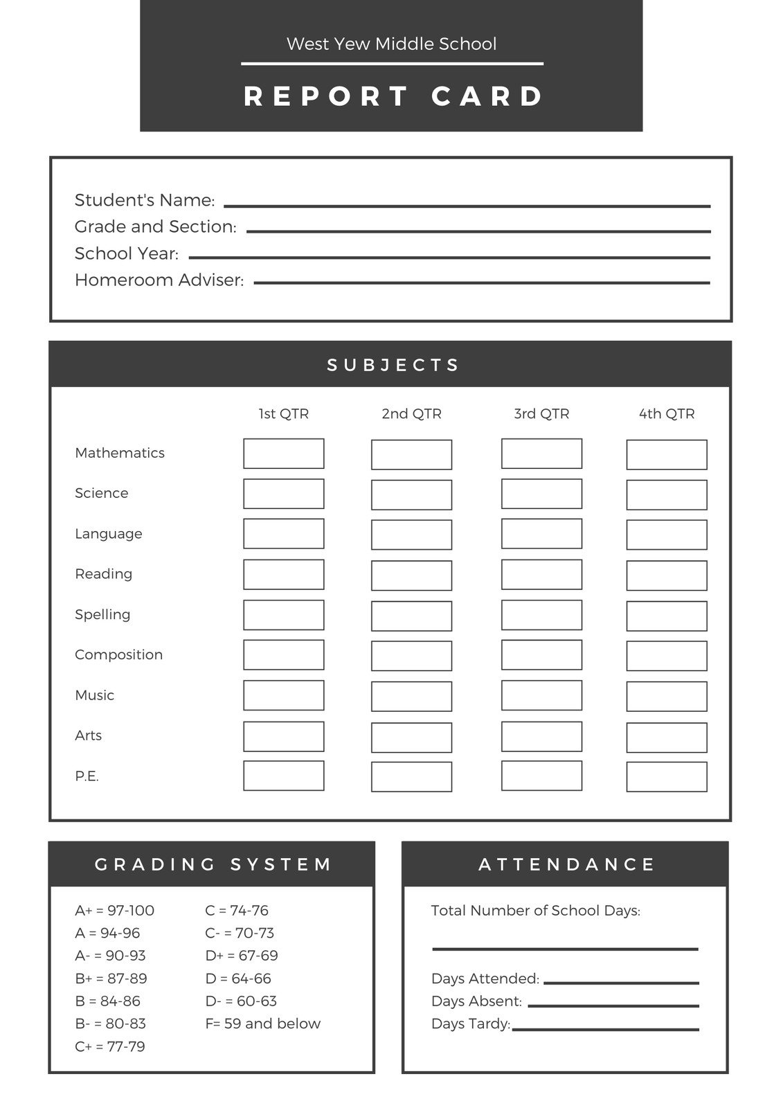 Customize 23+ Middle School Report Cards Templates Online - Canva Regarding Blank Report Card Template