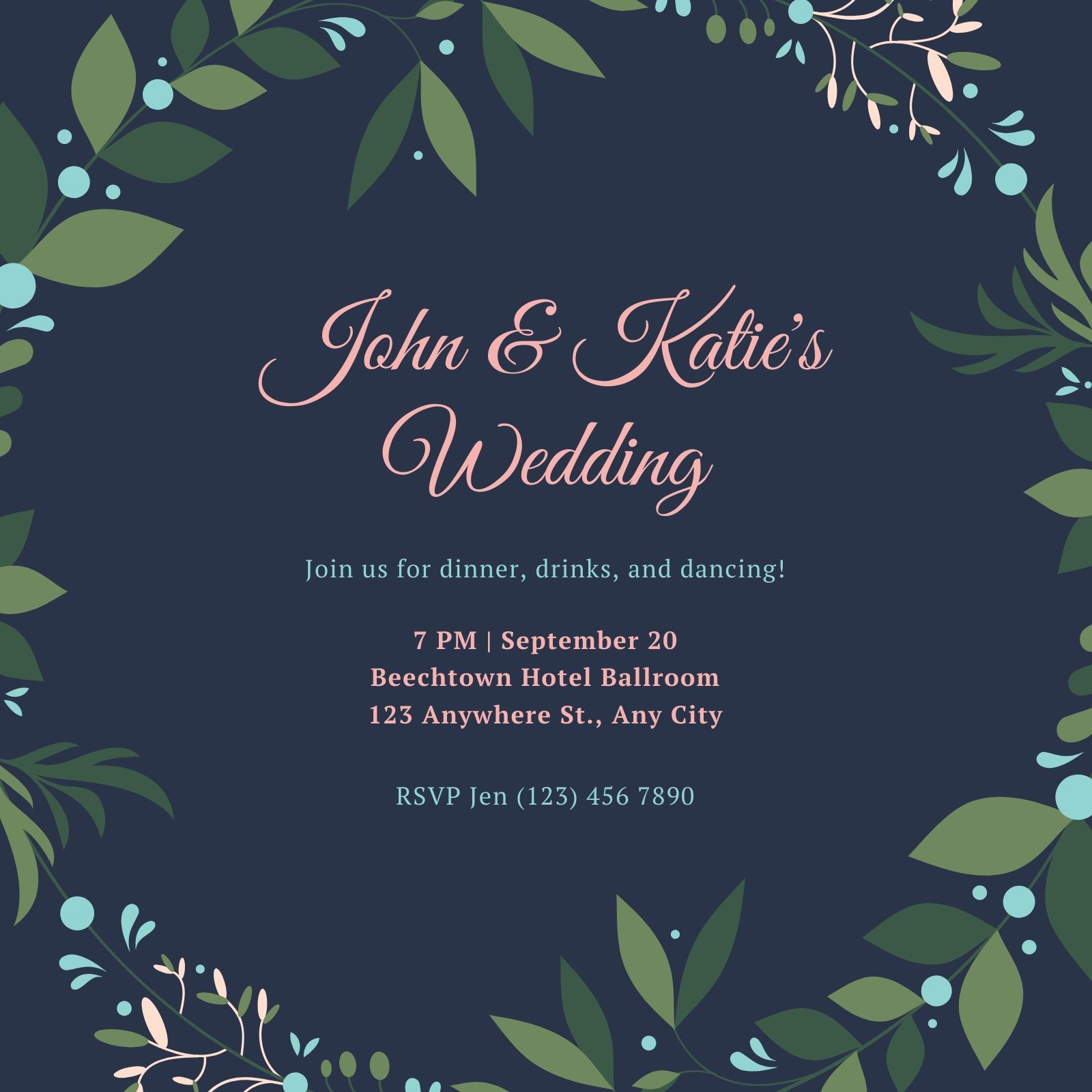 Blue and Pink Wreath Wedding Reception Invitation Templates by Canva