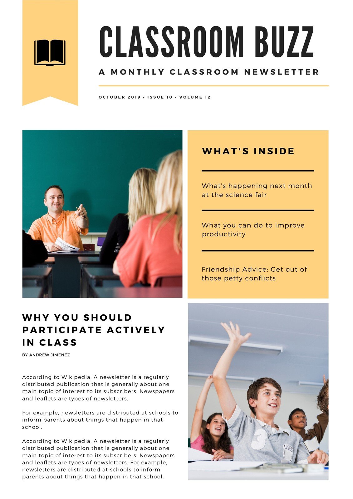 Yellow And White Modern Creative Classroom Newsletter Templates By Canva