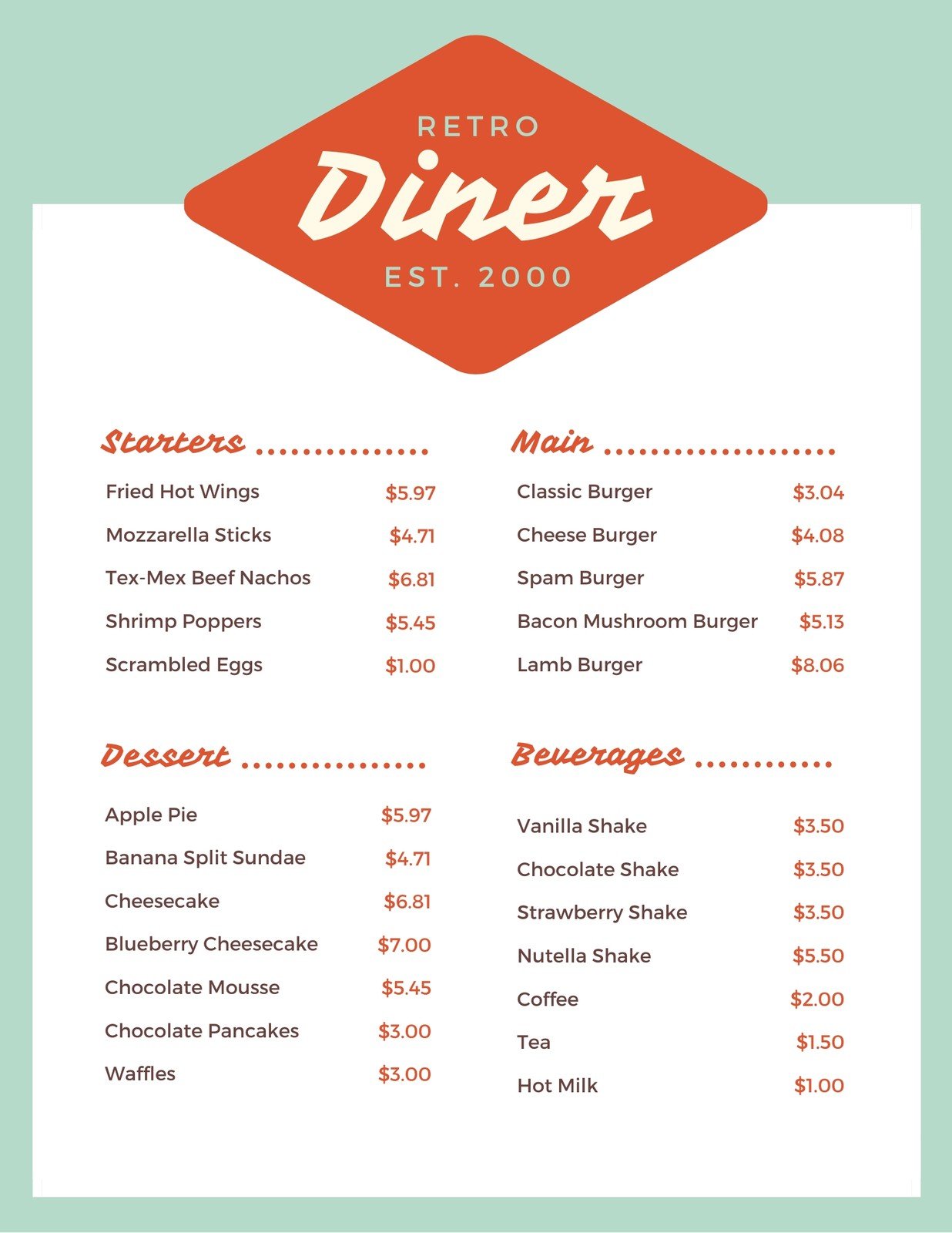 23+ Free printable and customizable diner menu templates  Canva Pertaining To 50S Diner Menu Template