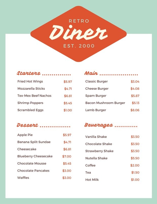 Free printable and customizable diner menu templates Canva