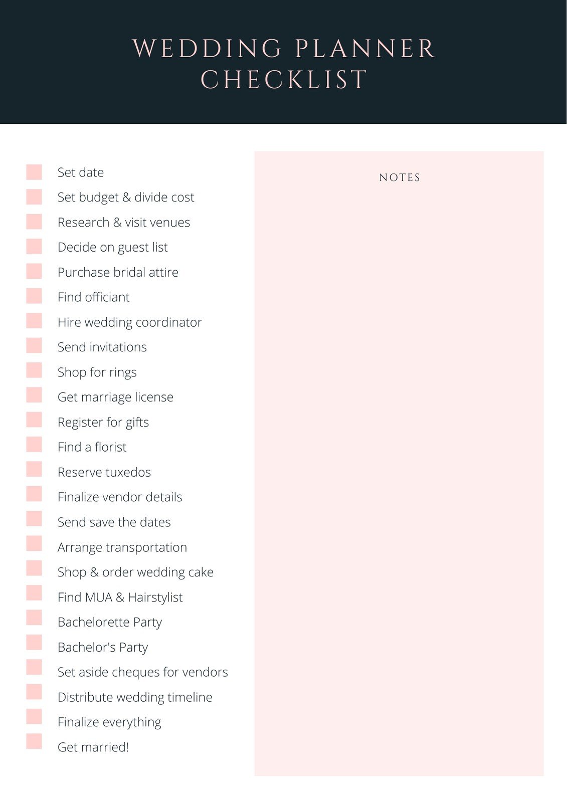 Dark Blue & Pink Wedding Checklist Planner