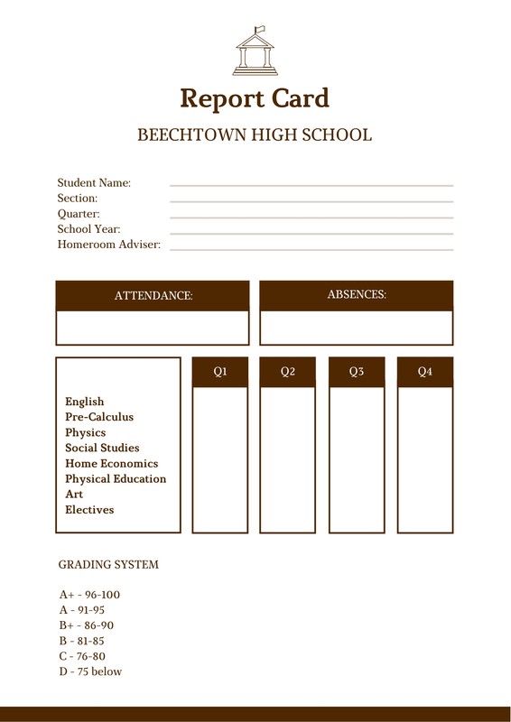 Free custom printable high school report card templates | Canva