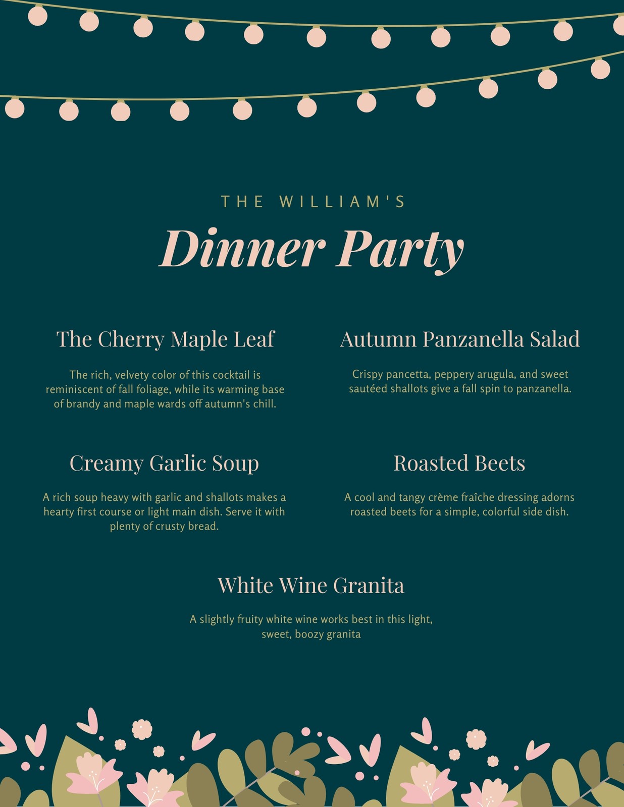 Dark Green Country Floral Dinner Party Menu