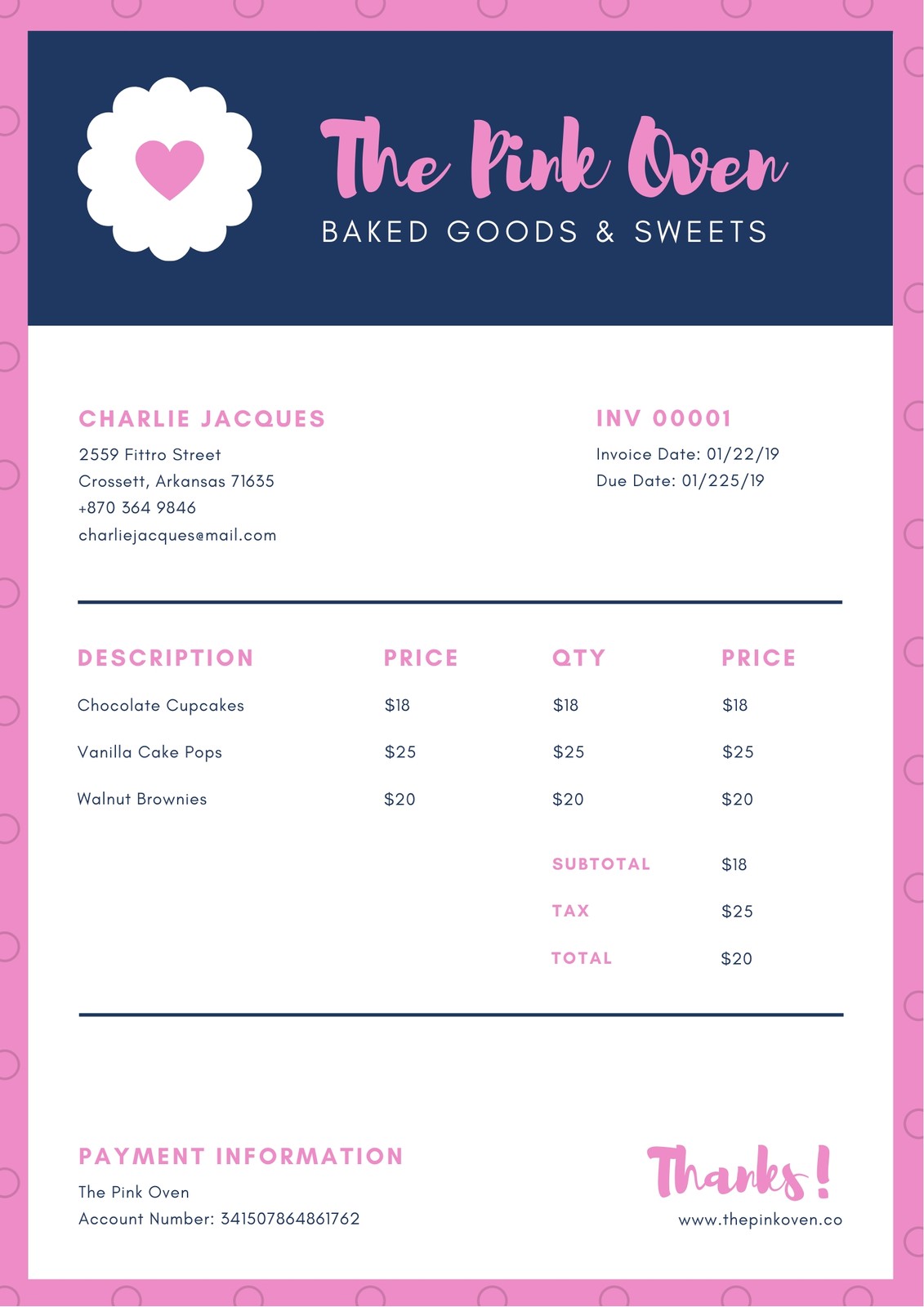 Pink Navy Pattern Bakery Business Invoice In Bakery Invoice Template