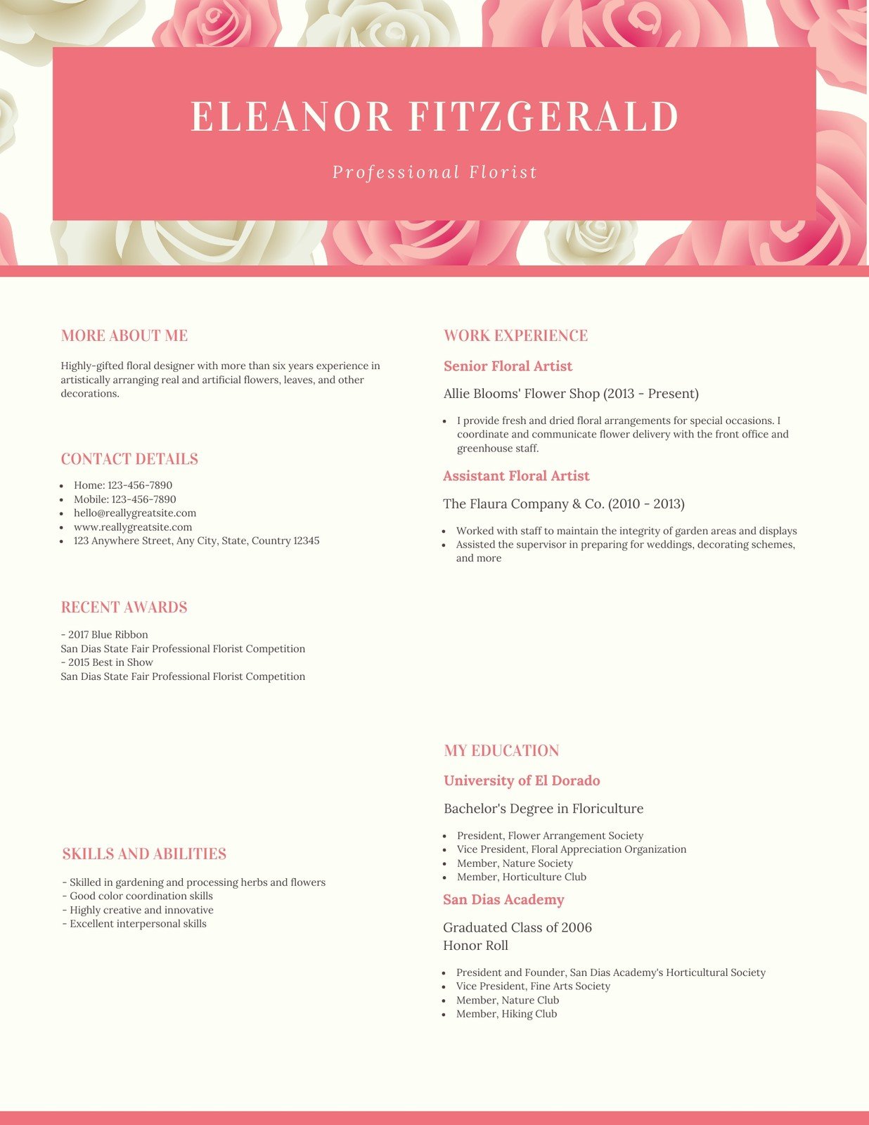 Pink Floral Pattern Professional Florist Resume Templates by Canva