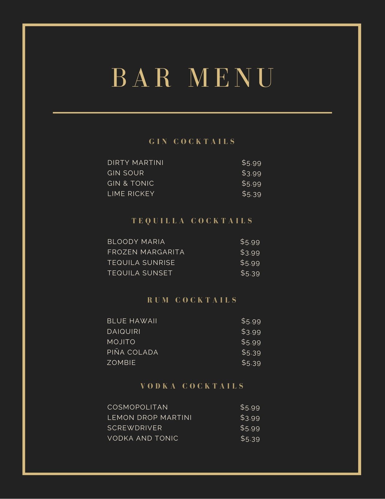bar menu templates