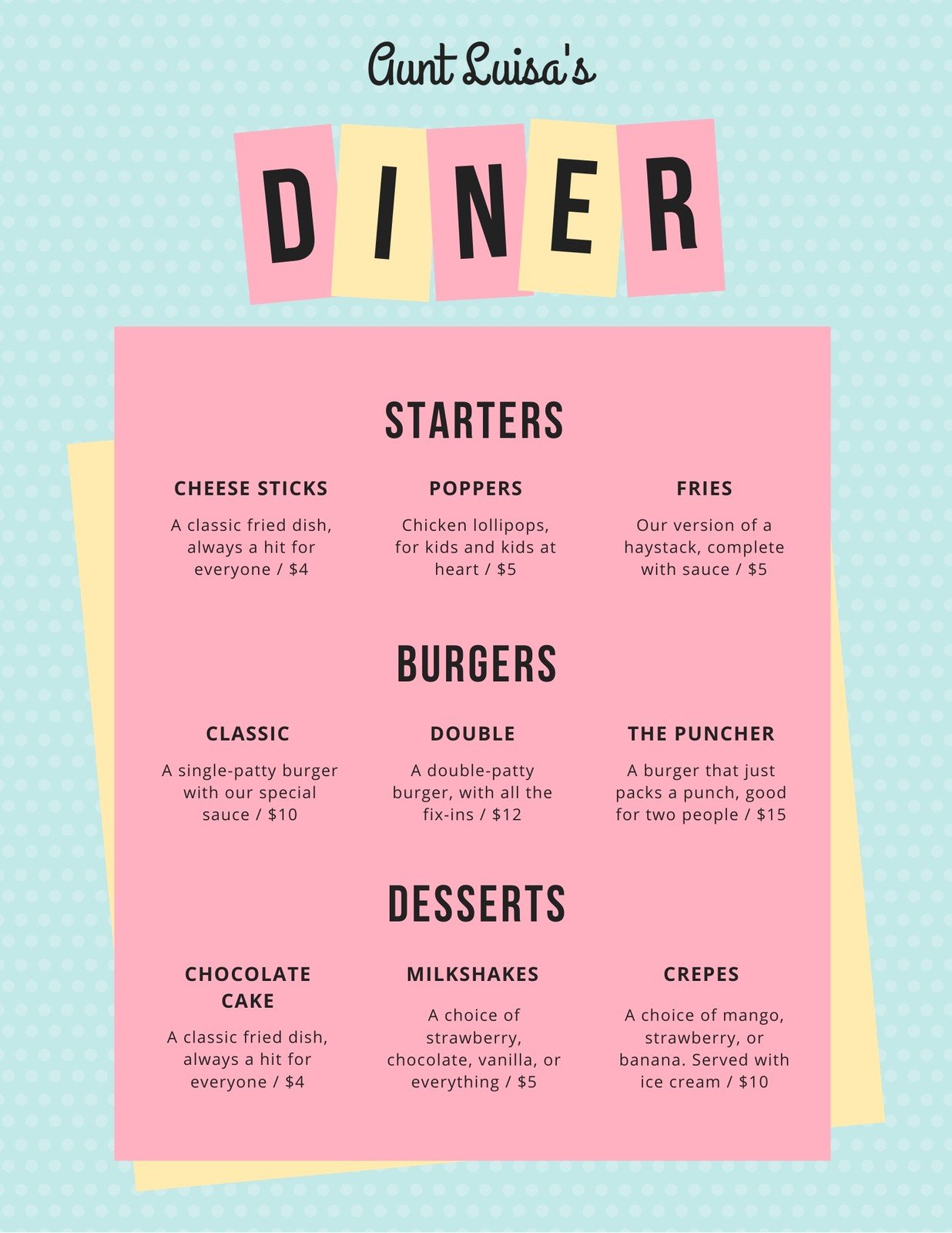 Light Blue and Pink Dotted Diner Menu - Templates by Canva Inside Diner Menu Template