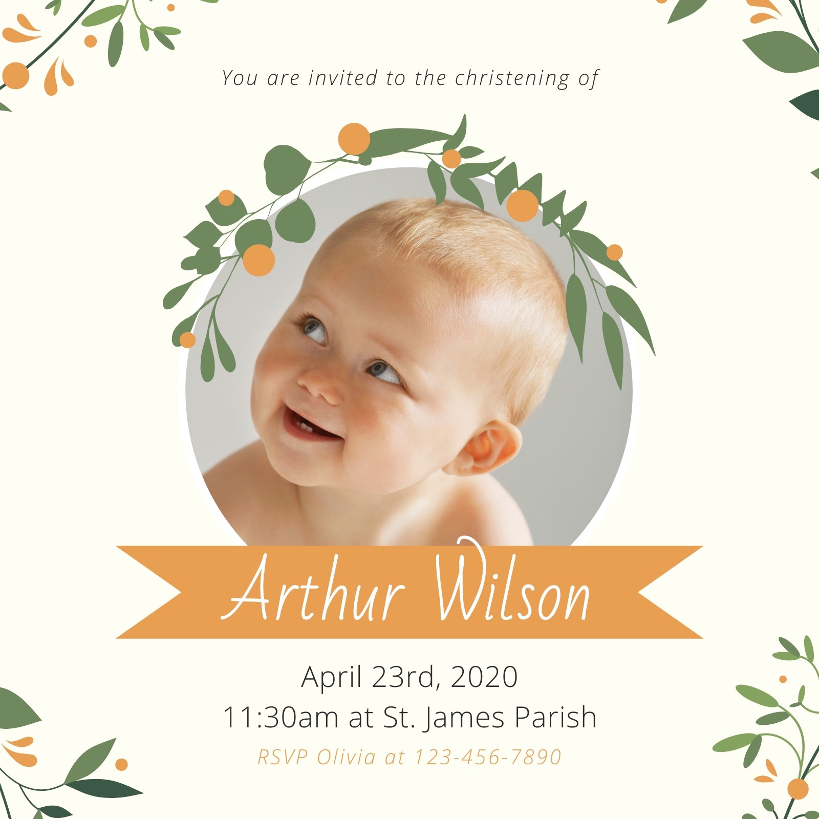 Green Orange Leaves Christening Invitation - Templates by Canva Pertaining To Free Christening Invitation Cards Templates