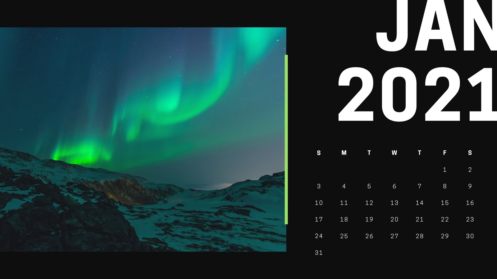 Black with Northern Lights Photos Weekly Calendar