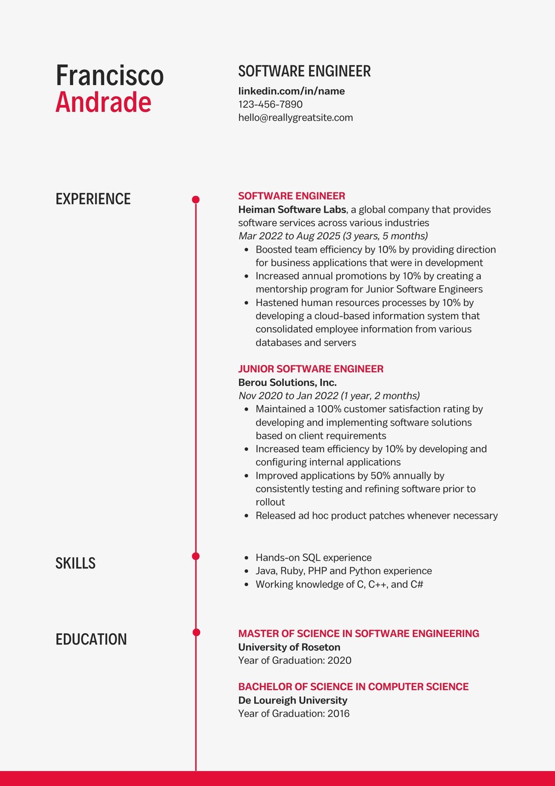 Red Grey Bold Modern Software Engineer Resume - Templates by Canva
