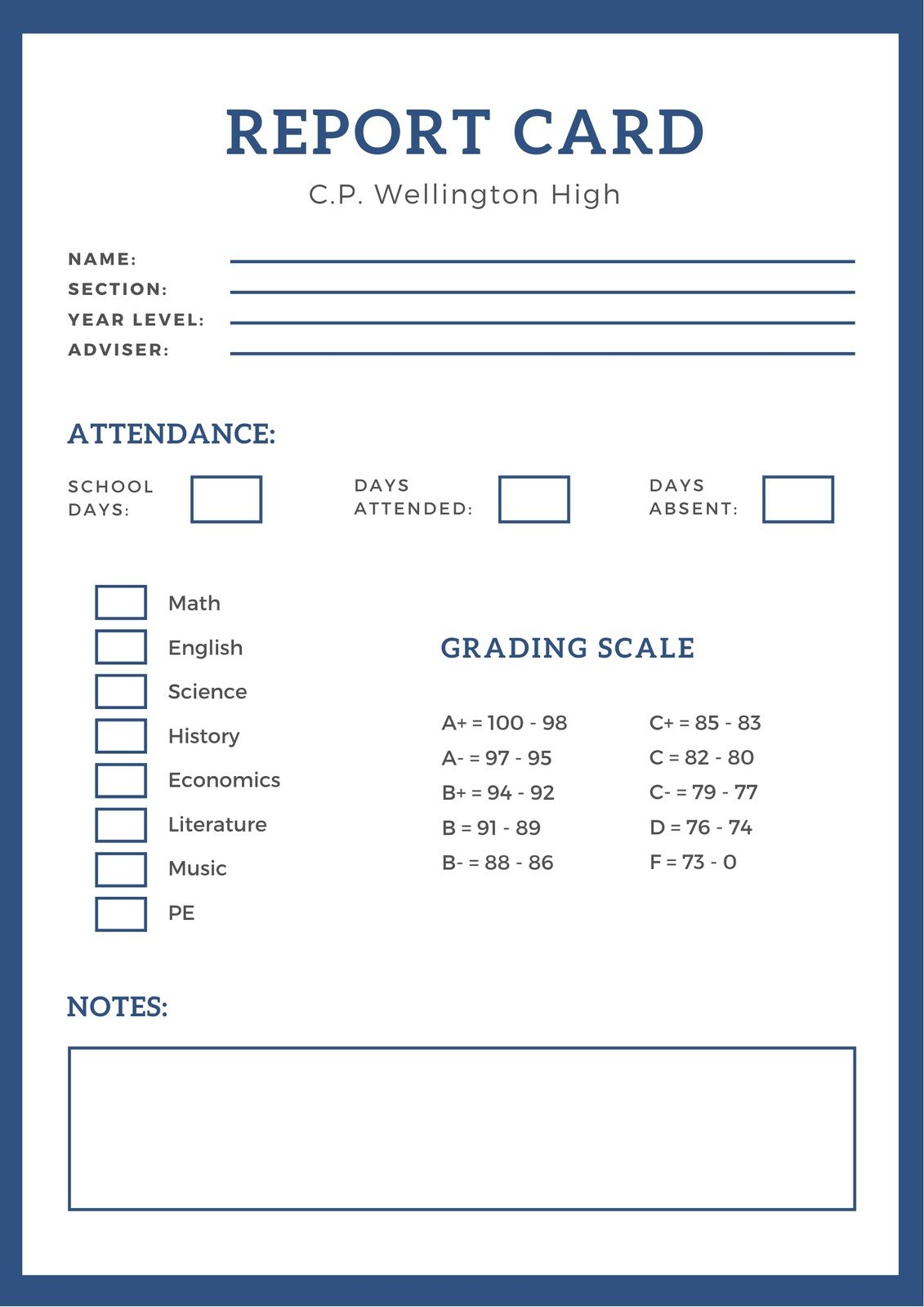 high school report card sample