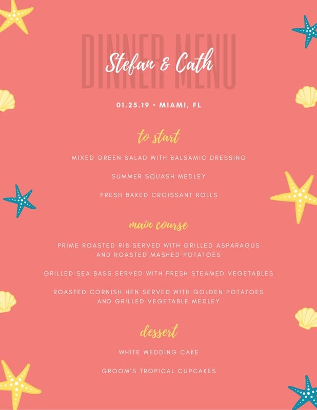 Coral Starfish And Shell Beach Wedding Menu Templates By Canva