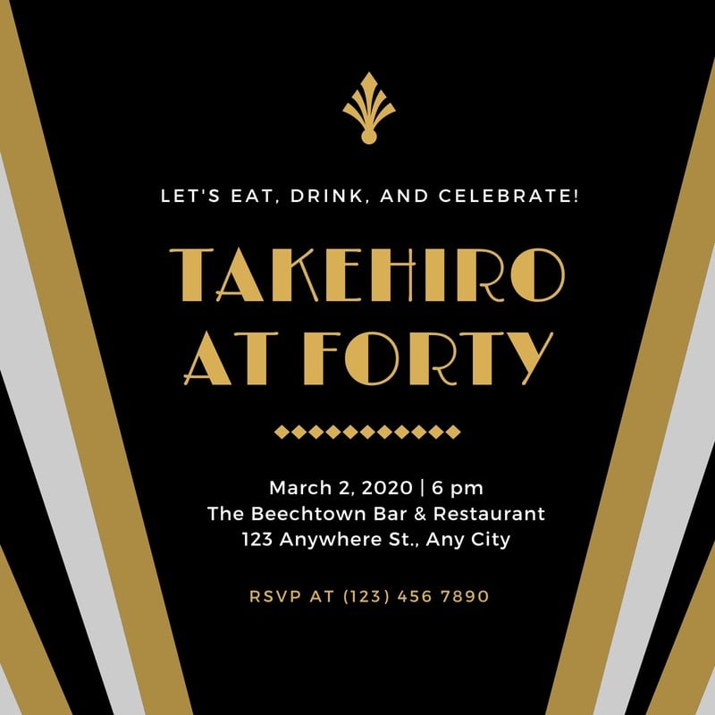 Gold Black Great Gatsby Birthday 40th Male Invitation Templates