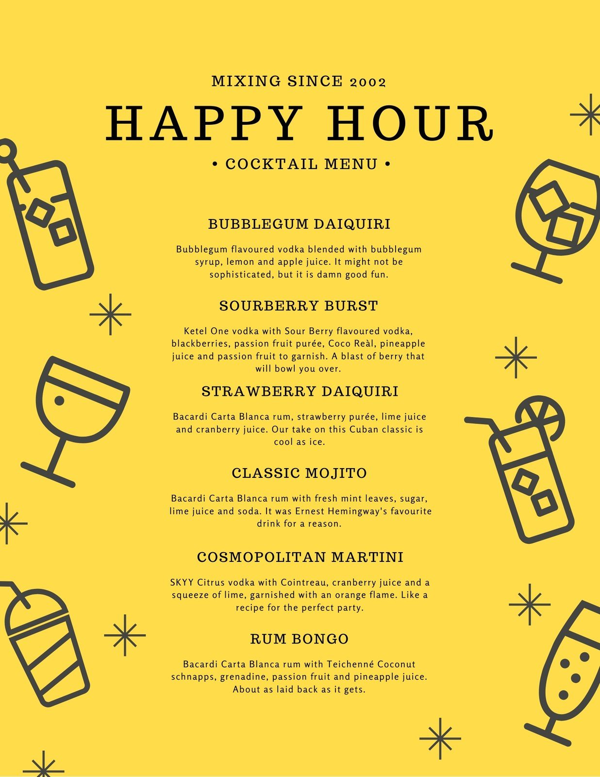 Free printable and customizable cocktail menu templates  Canva Inside Happy Hour Menu Template