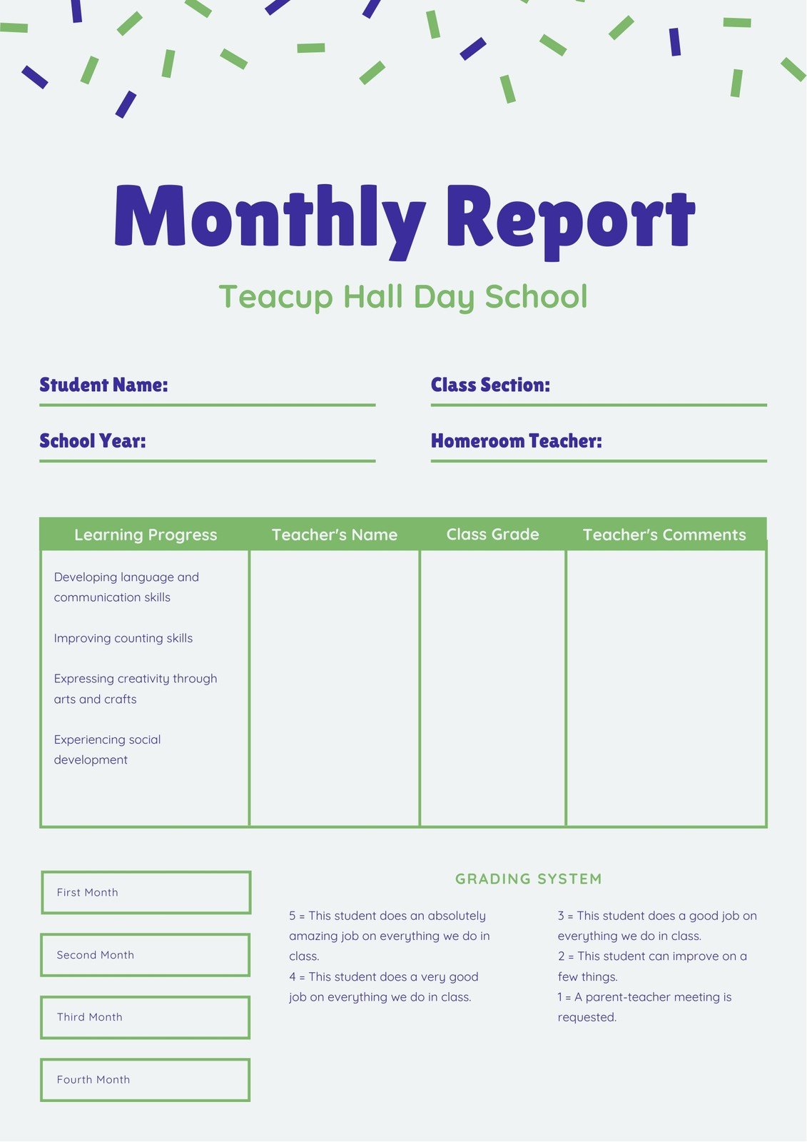 Free custom printable preschool report card templates  Canva Within Preschool Weekly Report Template