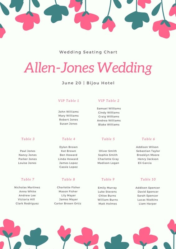 Pink White Floral Illustration Bordered Seating Chart ...