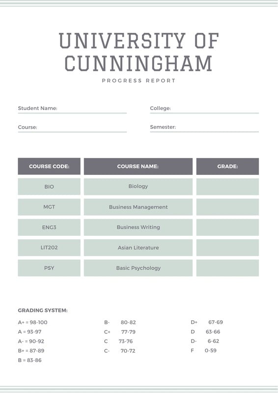 College Report Card Template