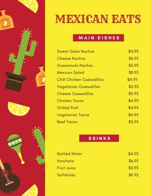 mexican menu templates yellow red menus canva illustrated drink taco blank